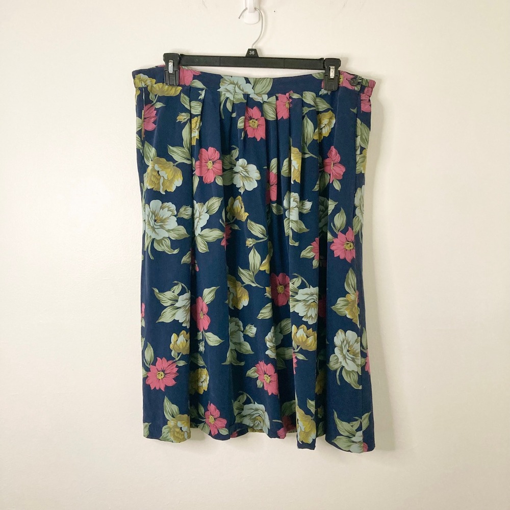 Alfred Dunner Vintage 100% Silk Floral Midi Skirt Navy Blue Pink Yellow 18 90s